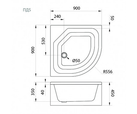 Поддон акриловый полукруг 900х900 мм глубокий поддон+экран+каркас+сифон ПД5 ТРИТОН Фотография_2