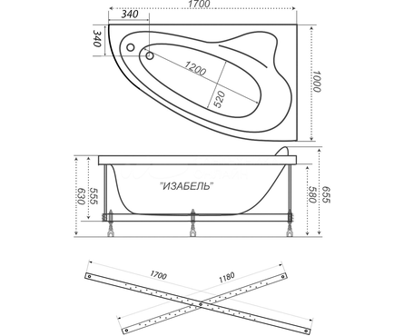 Ванна акриловая 1700х1000 мм правая (каркас+экран+сифон) Изабель ТРИТОН Фотография_2