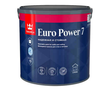 Краска интерьерная моющаяся, матовая, латексная ВД Tikkurila EURO POWER 7 белая/база А, 2.7 л Фотография_1