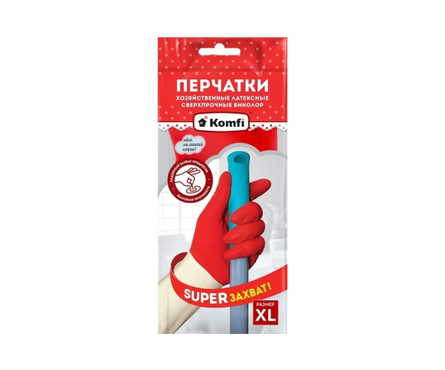 Перчатки хозяйственные латексные Komfi сверхпрочные Биколор, размер XL, цвет бело-красный  Фотография_0
