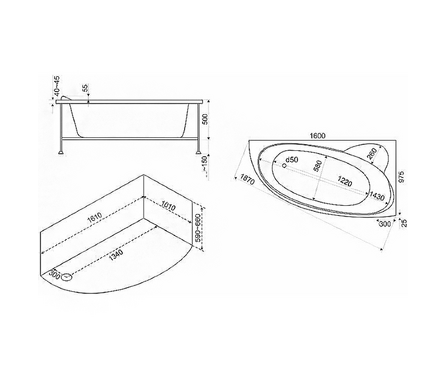Ванна акриловая 1600х1000 мм правая (каркас+сифон) Сагра BAS Фотография_3