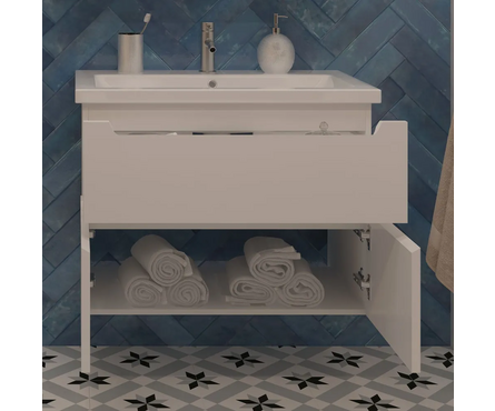 Тумба для ванной Паола 80 подвесная белая с умывальником Гремми 80/Фостер 80 Фотография_2