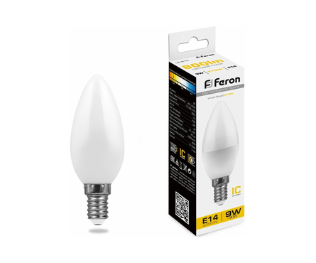Лампа светодиодная Feron, 9 Вт, свеча, Е14, 2700К, теплый свет  Фотография_0