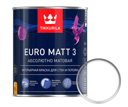 Краска ВД Tikkurila Euro Matt 3 интерьерная,  латексная, глубокоматовая, база С (0.9 л) Фотография_0