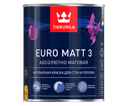 Краска интерьерная моющаяся, глубокоматовая, латексная ВД Tikkurila Euro Matt 3 прозрачная/база С, 0.9 л Фотография_1