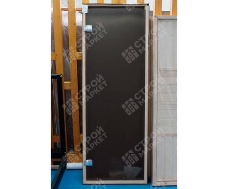 Дверь для бани 1.9х0.7 м стеклянная толщина 6 мм Бронза 2 петли, коробка из хвои Фотография_1