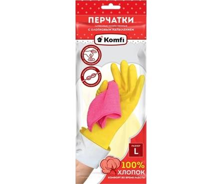 Перчатки хозяйственные Komfi латексные, с х/б напылением, желтые, р-р L Фотография_0