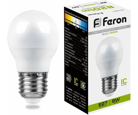 Лампа светодиодная Feron Шар 9 Вт, белый свет, Е27, 4000К Фотография_0