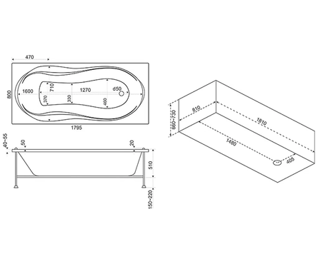 Ванна акриловая 1800x800 мм (каркас + ножки + экран + сифон) Ямайка BAS Фотография_2