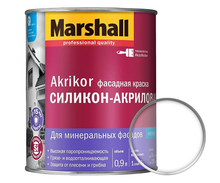 Краска фасадная матовая силикон-акриловая ВД МАРШАЛЛ Akrikor БАЗА ВС 0.9 л Фотография_0