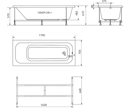 Ванна акриловая 1700x750 мм (каркас+сифон+экран) Ника ТРИТОН Фотография_3