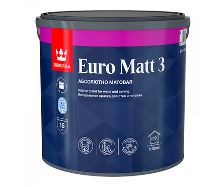 Краска интерьерная моющаяся глубокоматовая латексная ВД ТИККУРИЛА Euro Matt 3 белая БАЗА А 2.7 л Фотография_1