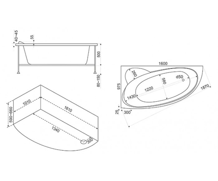 Ванна акриловая 1600х1000 мм правая (каркас+экран+сифон) Сагра BAS Фотография_3
