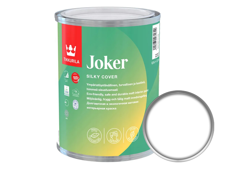 Вд матовая. Краска интерьерная моющаяся Joker a мат 9л. Краска Tikkurila Joker (9 л a). Краска интерьерная моющаяся Joker (Джокер) Tikkurila 9л белый. Тиккурила Джокер 0.225.