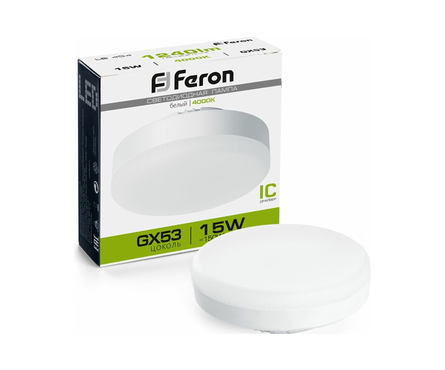 Лампа светодиодная Feron, 15 Вт, таблетка, GX53, 4000К, белый свет  Фотография_0