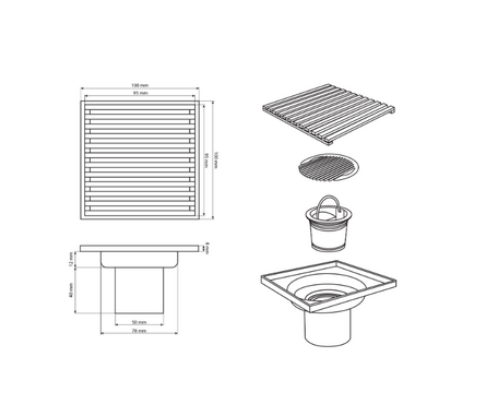 Трап сливной вертикальный выход D 50 мм нерж. 100х100 мм сатин с сух. затвором САНАКС Фотография_2