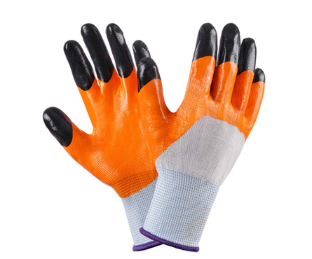 Перчатки нейлоновые, оранжевые с черными пальцами Фотография_0