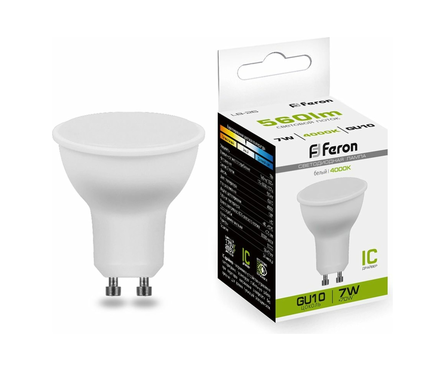 Лампа светодиодная Feron, 7 Вт, GU10, 4000К, белый свет  Фотография_0