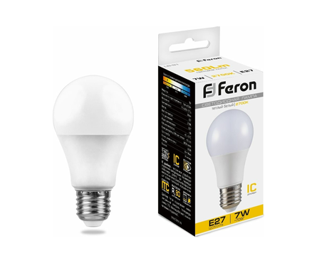 Лампа светодиодная Feron, 7 Вт, шар, Е27, 2700К, теплый свет Фотография_0