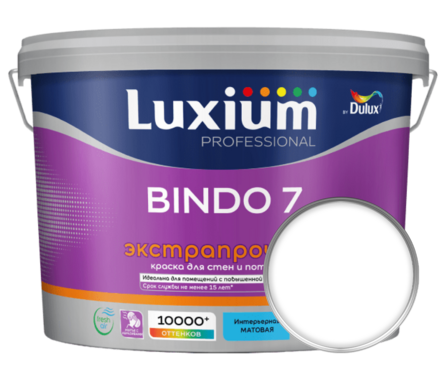 Краска интерьерная моющаяся матовая латексная ВД ЛЮКСИУМ ДЮЛАКС Bindo 7 белая БАЗА BW 9 л Фотография_0
