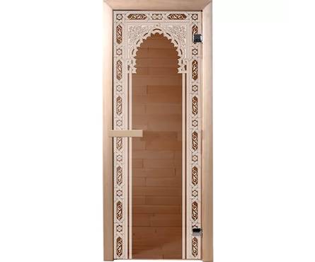 Дверь из стекла «Восточная арка»1,9х0,7 м бронза 6мм, кор хвоя, Банные штучки