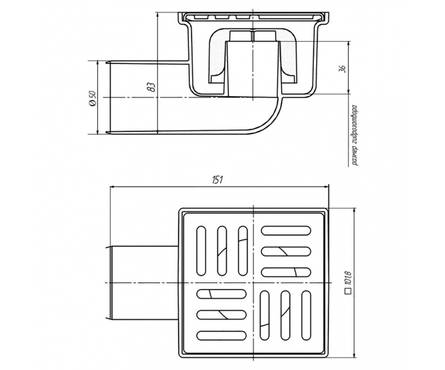 Трап сливной горизонтальный выход D50 решетка пластик 10х10 см Фотография_1