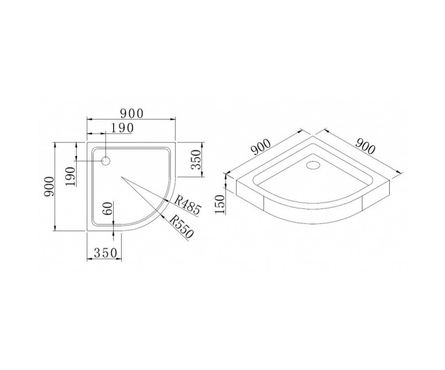 Поддон акриловый полукруглый 900х900х150 мм ABS07 с сифоном Фотография_2