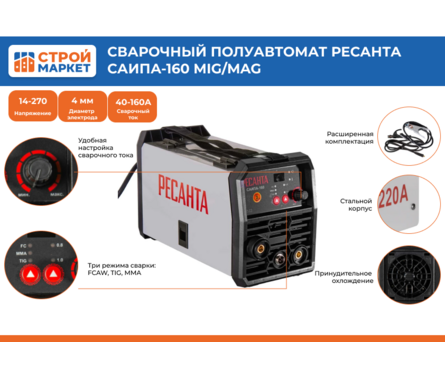 Сварочный аппарат инверторный полуавтоматический 160А, диам. э/п 4/0.8-1.0 мм САИПА-160 РЕСАНТА Фотография_1