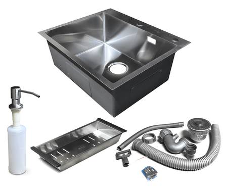 Мойка 60х50 (3.0) врезная 3 1\2 22 см с сифоном+ коландер+дозатор Сатин SANTREK AQUA Фотография_4