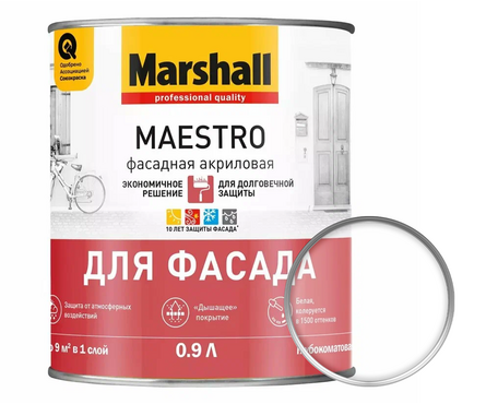 Краска фасадная глубокоматовая акриловая ВД МАРШАЛЛ Maestro БАЗА ВС 0.9 л Фотография_0