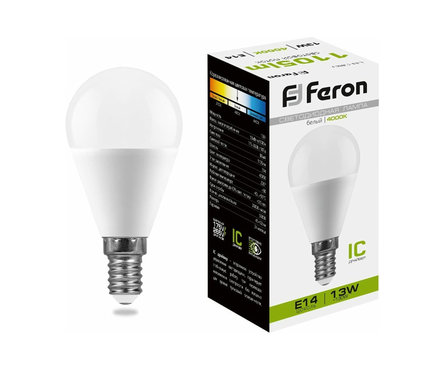 Лампа светодиодная Feron, 13Вт, шар, Е14, 4000К белый свет  Фотография_0