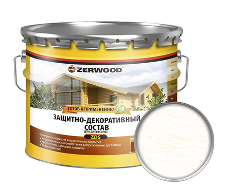 Защитно-декоративный состав ZERWOOD ZDS для древесины, белый, 10 л Фотография_0