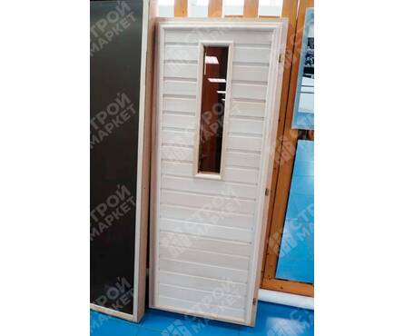 Дверь для бани 1.7х0.7 м глухая со стеклом, полотно липа, коробка из липы с петлями БАННЫЕ ШТУЧКИ) Фотография_1