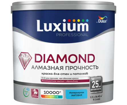Краска интерьерная моющаяся глубокоматовая ВД ДЮЛАКС ЛЮКСИУМ Diamond Matt белая БАЗА BW 2.5 л Фотография_1