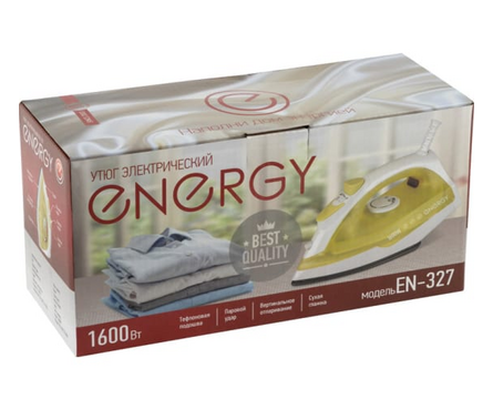 Утюг электрический 1600 Вт, пар, тефлоновое покрытие, паровой удар, желтый EN-327 ENERGY Фотография_3