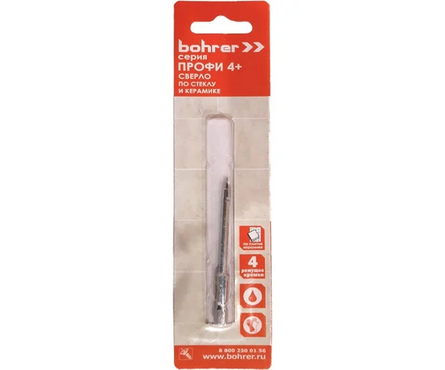  Сверло по стеклу и керамике 4 мм 4 грани шестигранный хвостовик Профи BOHRER Фотография_1