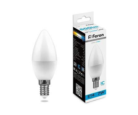 Лампа светодиодная Feron, 7 Вт, свеча, Е14, 6400К, дневной свет  Фотография_0
