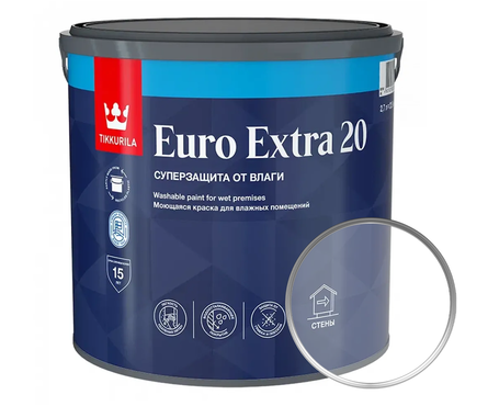 Краска ВД Tikkurila EURO EXTRA-20 для влажных помещений, моющаяся, полуматовая, база С, прозрачная (2.7 л) Фотография_0