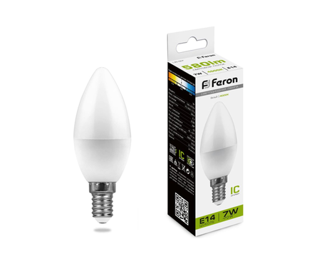 Лампа светодиодная Feron, 7 Вт, свеча, Е14, 4000К, белый свет  Фотография_0