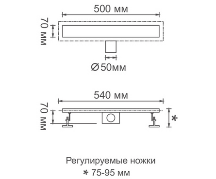 Трап сливной горизонтальный выход D 50 мм нерж. 70х500 мм K80307-50 GERHANS Фотография_1