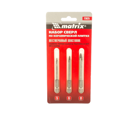 Набор сверл по керамической плитке 5/6/8 мм 2 грани шестигранный хвостовик MATRIX Фотография_1
