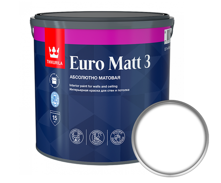 Краска ВД Tikkurila Euro Matt 3 интерьерная, латексная, глубокоматовая (2.7 л) Фотография_0