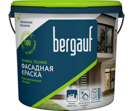 Краска фасадная BERGAUF Mineral Techno акрилатная, база С/прозрачная (9 л)  Фотография_1