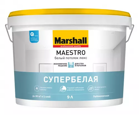 Краска для потолков глубокоматовая латексная ВД МАРШАЛЛ Маэстро Белый Потолок Люкс белая 9 л Фотография_2