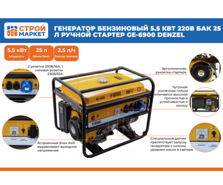 Генератор бензиновый 5.5 кВт 220В бак 25 л ручной стартер GE-6900 DENZEL Фотография_1