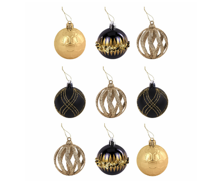 Набор елочных шаров d 6 см черный с золотом (9 шт/уп) Фотография_1