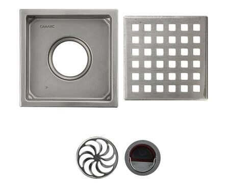 Трап сливной вертикальный выход D50 нерж 100х100 мм сатин с сух. затвором крышка с перф. САНАКС Фотография_2