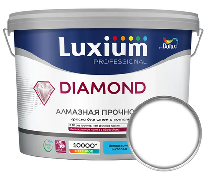 Краска интерьерная моющаяся глубокоматовая ВД ДЮЛАКС ЛЮКСИУМ Diamond Matt белая БАЗА BW 9 л Фотография_0