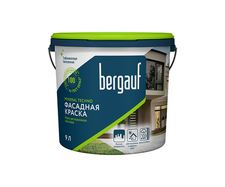 Краска фасадная глубокоматовая ВД BERGAUF Mineral Techno прозрачная БАЗА С 9 л Фотография_1