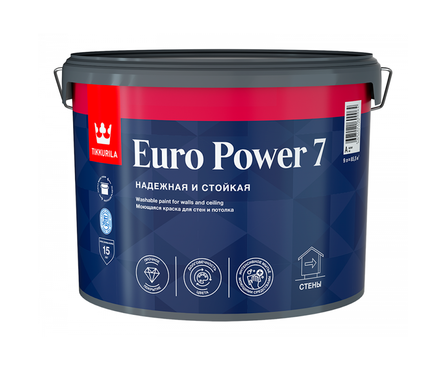 Краска интерьерная моющаяся матовая латексная ВД ТИККУРИЛА Euro Power 7 белая БАЗА А 9 л Фотография_1
